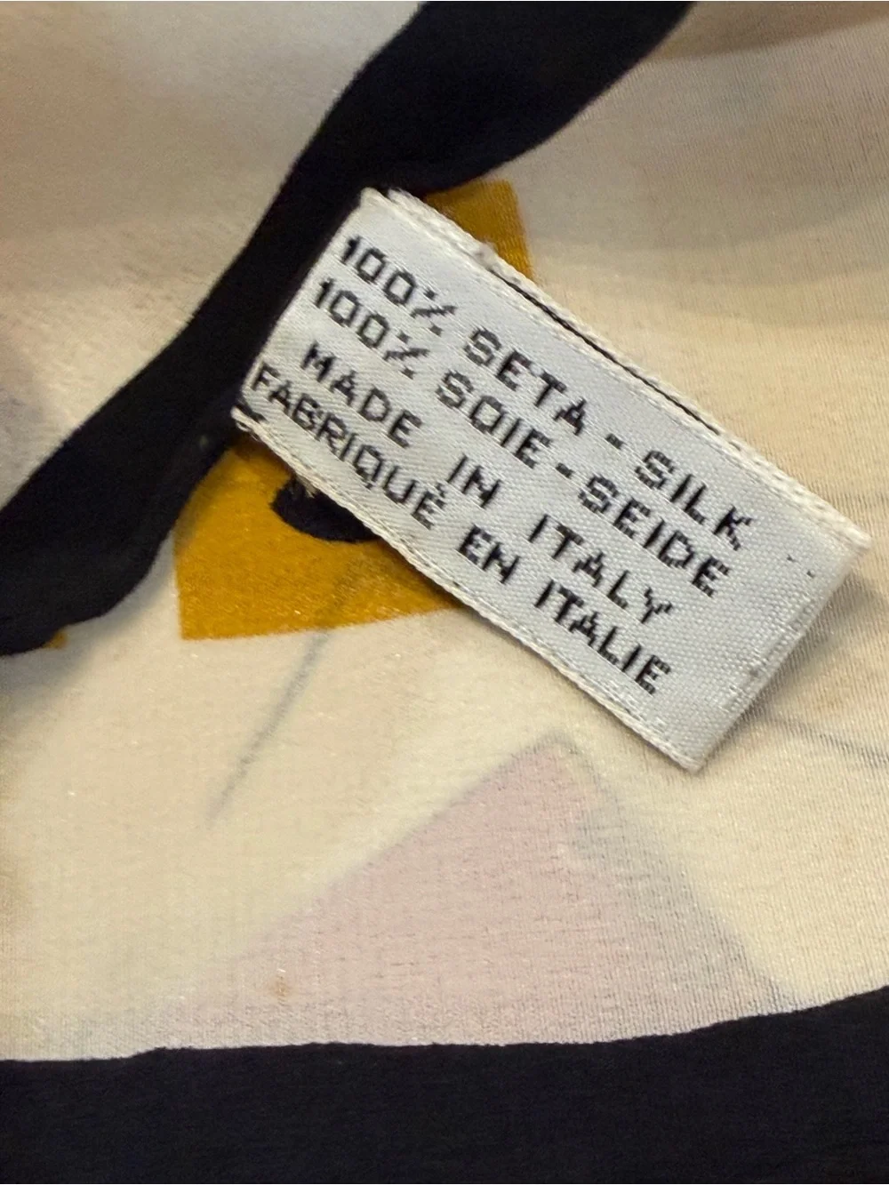 CHANEL Cream Silk Scarf with Red, Black & Yellow Motifs